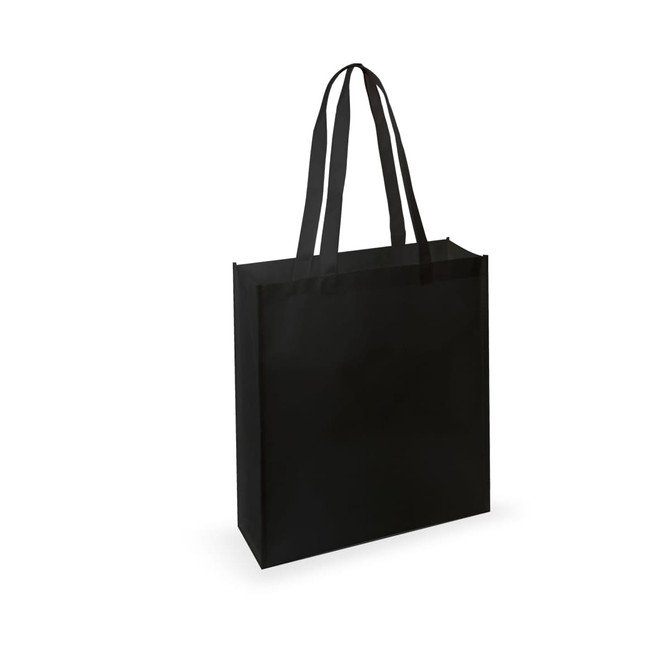 A black tote bag with long handles and a simple design, featuring a logo on one side.