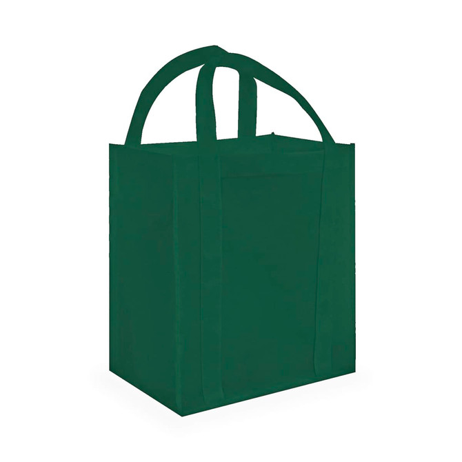 A green tote bag with two handles and a rectangular design. It includes a logo on one side.