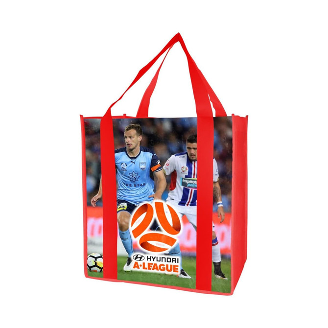 A red tote bag with a large image featuring football players and a logo. It has sturdy handles for easy carrying.