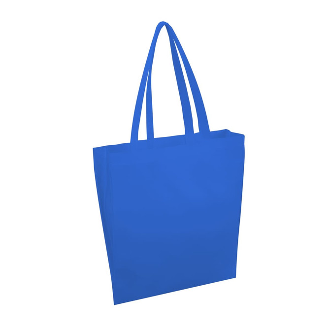 A blue tote bag with long handles and a simple design. It features a logo on one side.