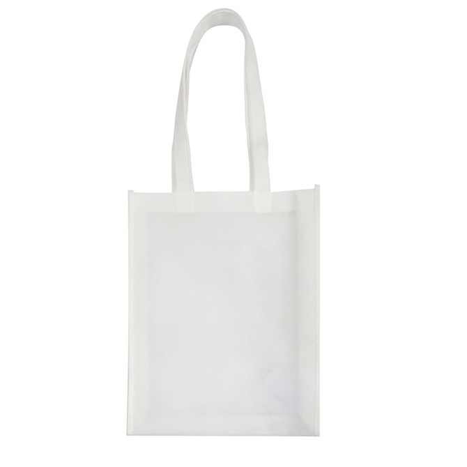A white non-woven tote bag with two shoulder straps and a simple design. It features a logo.