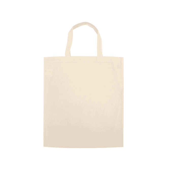 A light beige tote bag with short handles and a small logo on the side.