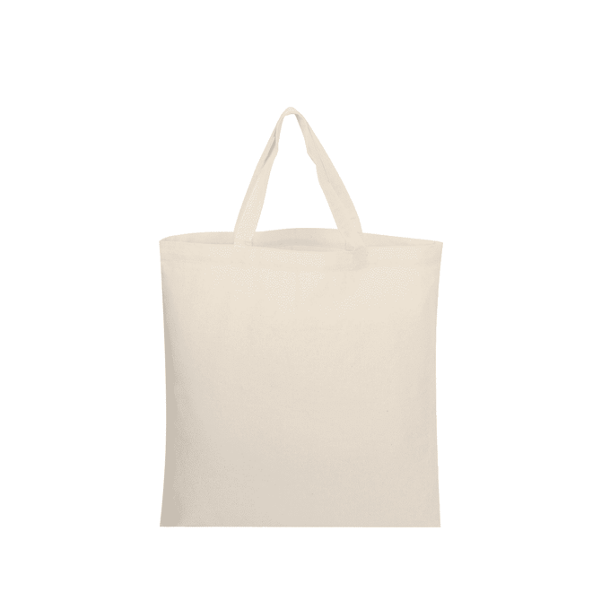 A beige short handle tote bag with two sturdy handles and a simple design. It features a logo.