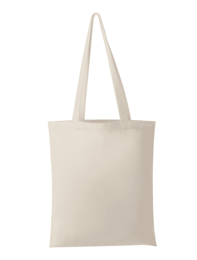 A natural-coloured canvas tote bag with two long handles and no visible branding or design.