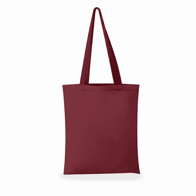 A maroon tote bag with two handles and a simple design, featuring a logo on one side.