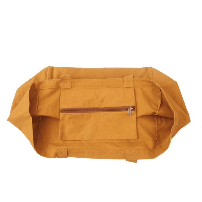 A sturdy mustard yellow tote bag featuring a zippered pocket on one side and durable handles.