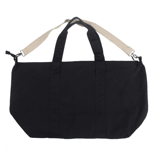 A black duffle bag with a beige shoulder strap and sturdy handles, featuring a logo.