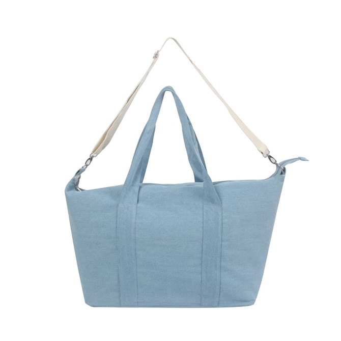 A light blue duffle bag with handles and an adjustable strap, featuring a logo on the side.