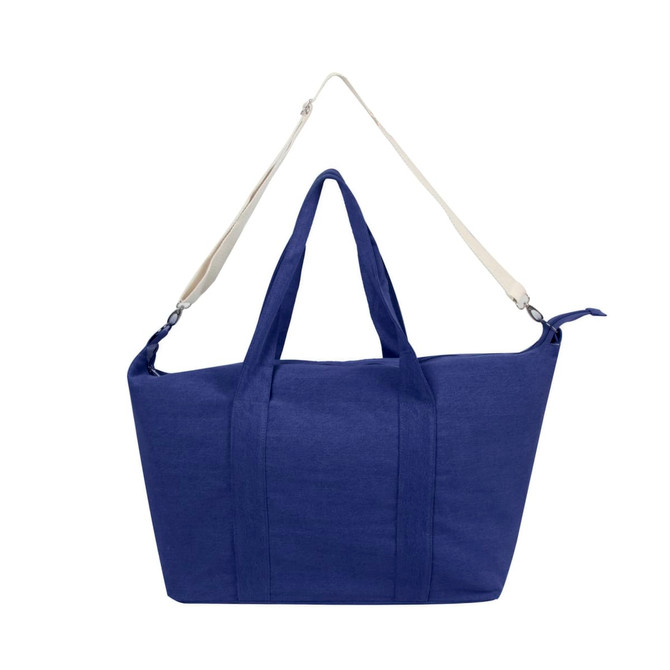 A navy blue duffle bag with shoulder straps and top handles, featuring a logo on the side.