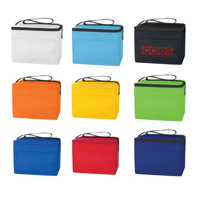 A collection of cooler bags in various colours: white, blue, yellow, green, orange, red, and black, each with a zipper and logo.