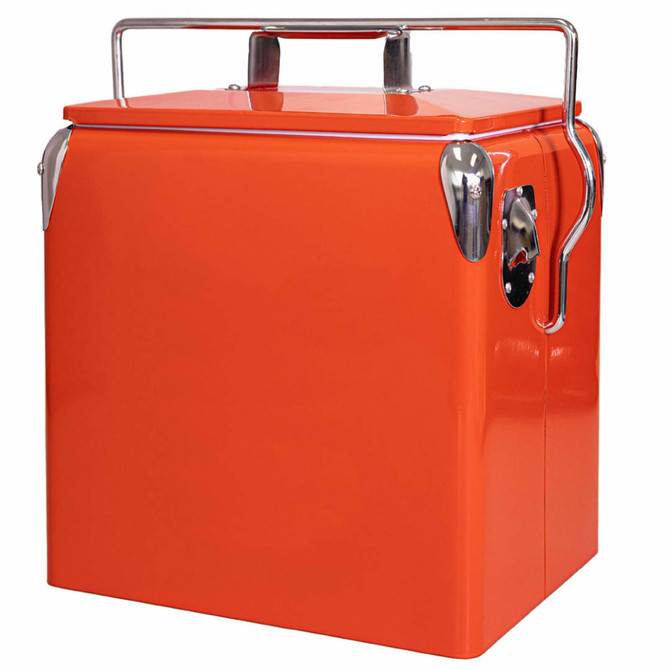 An orange metal cooler box with a silver handle and accents, designed for containing drink bottles.