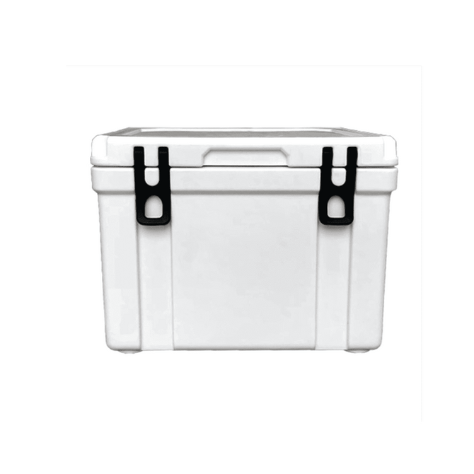 A white cooler box with black latches, featuring a sturdy design and a secure lid. It has a simple, functional style.