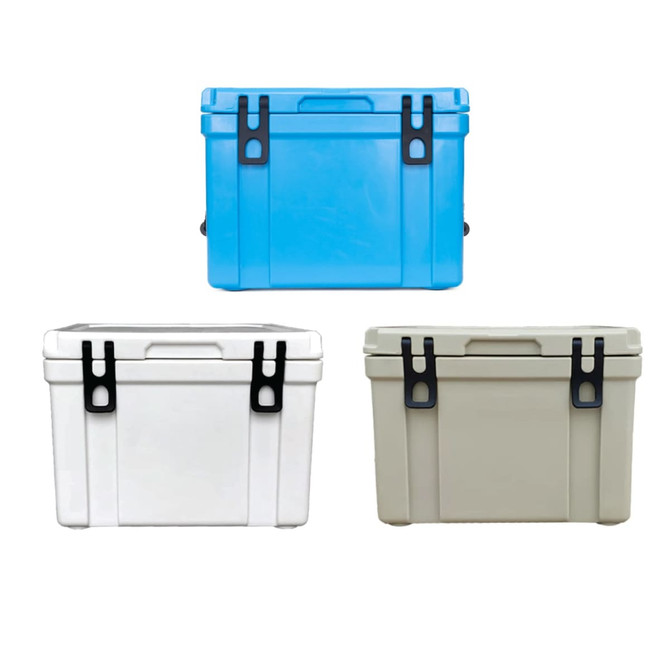 A 25L cooler box in blue, white, and grey, featuring black clips and handles. Each box has a logo.