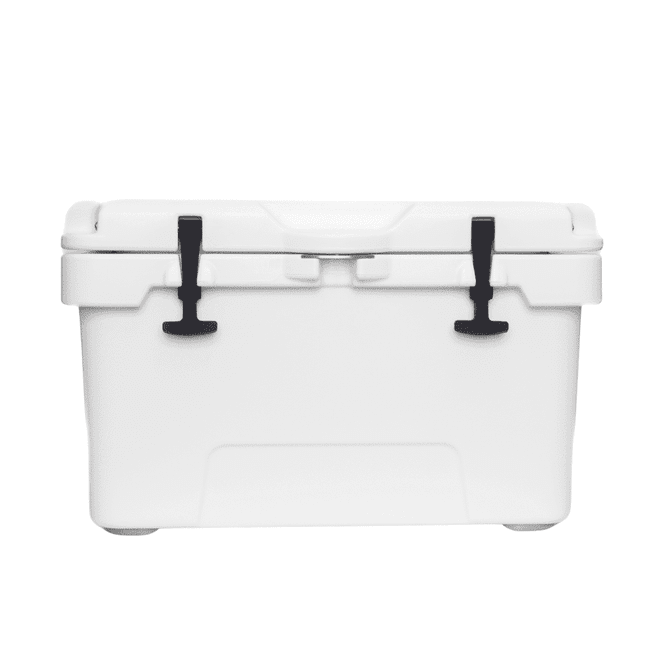 A white cooler box with black latches, featuring a sturdy design and a top lid.