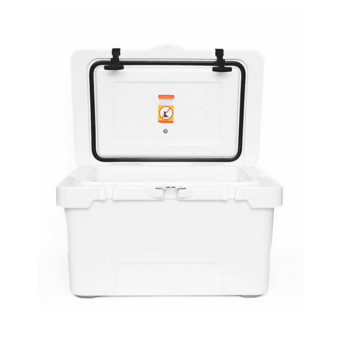 A white cooler box with a hinged lid, featuring a seal and handles, and displaying a logo on the front.