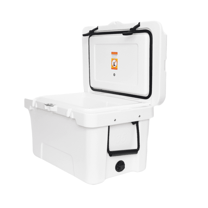 A white 31L cooler box with a hinged lid, featuring a black rubber seal and a side drain plug.