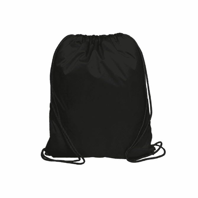 A black nylon drawstring bag with adjustable straps and a simple design, featuring a logo.