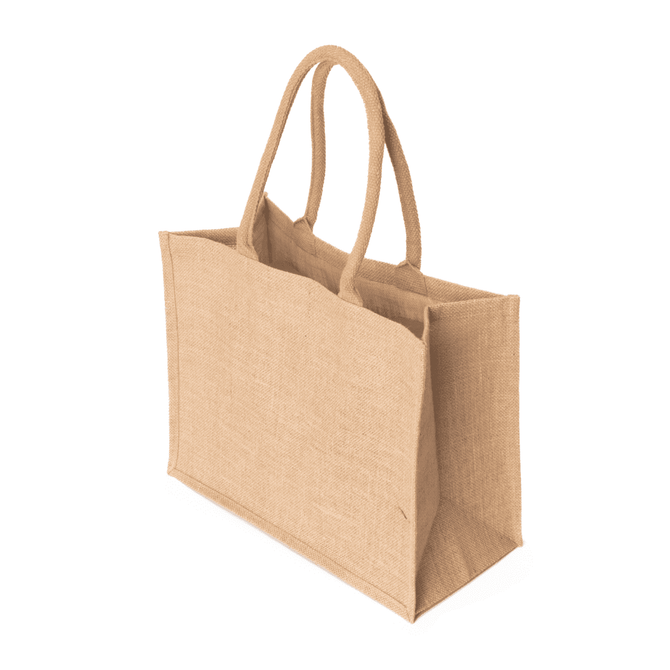 A laminated jute supermarket bag in a natural beige colour with two sturdy handles. It has a simple design and features a logo.