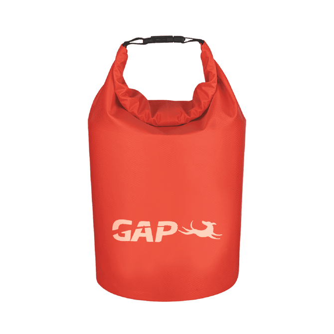 A waterproof dry bag in vibrant red with a handle and a logo on the front.