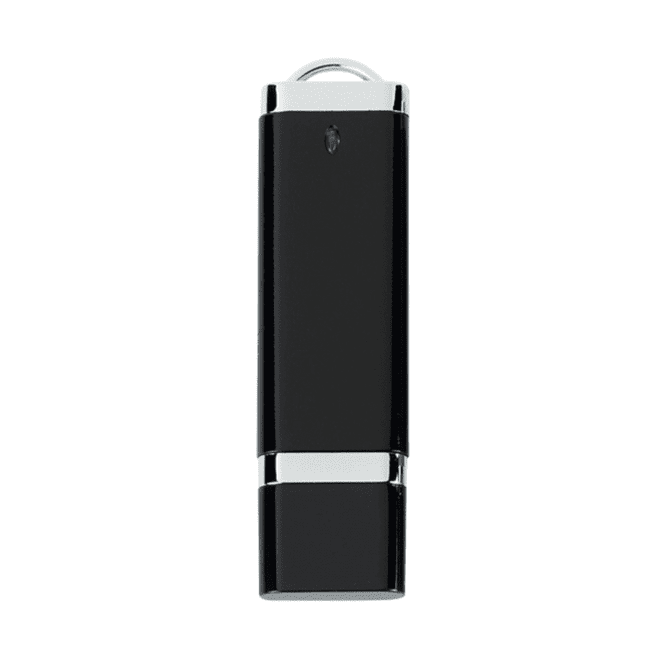 A black USB flash drive with a shiny metal accent and a small keyring attachment. It features a logo on the surface.