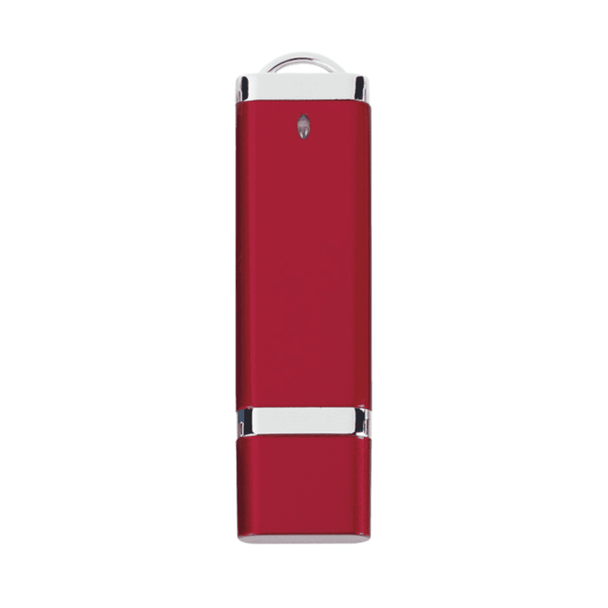 A red USB flash drive with a silver trim and a keyring attachment. It features a small indicator light.