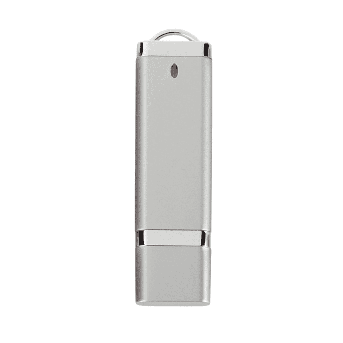 A silver USB flash drive with a sleek design and a keyring attachment. Includes a simple logo.