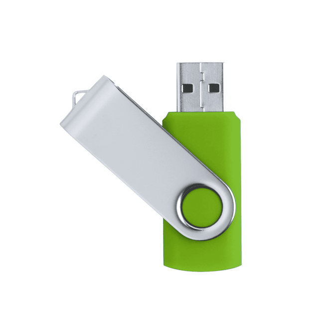 A green and silver USB flash drive with a rotating cap. It features a logo on the side.