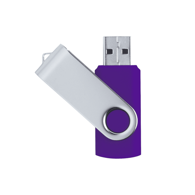 A purple USB flash drive with a white swivel cover and a silver keyring attachment.
