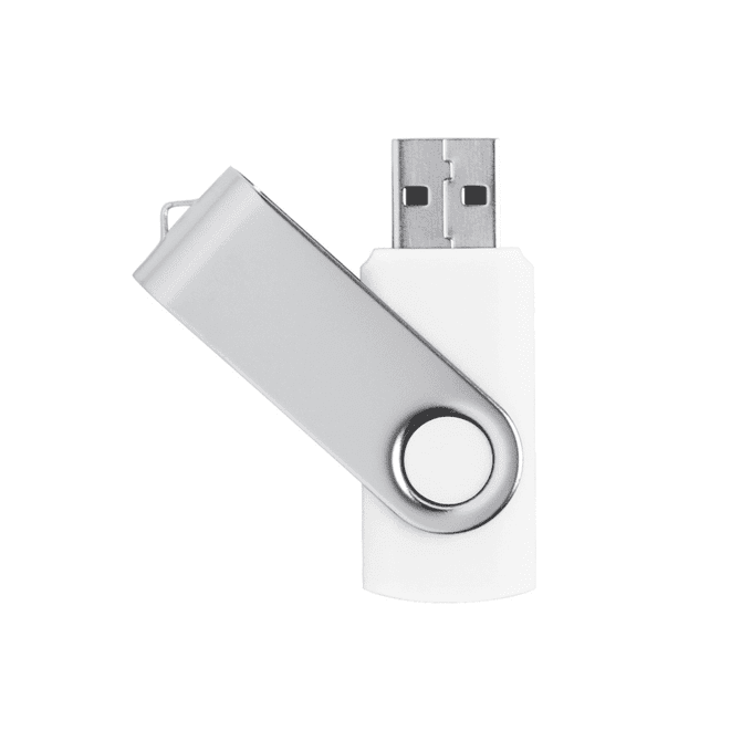 A white USB flash drive with a silver swivel cover, featuring a logo on the side.