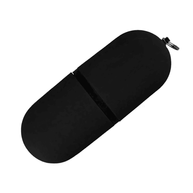 A black USB flash drive with a sleek, oval design and a small loop for attachment.