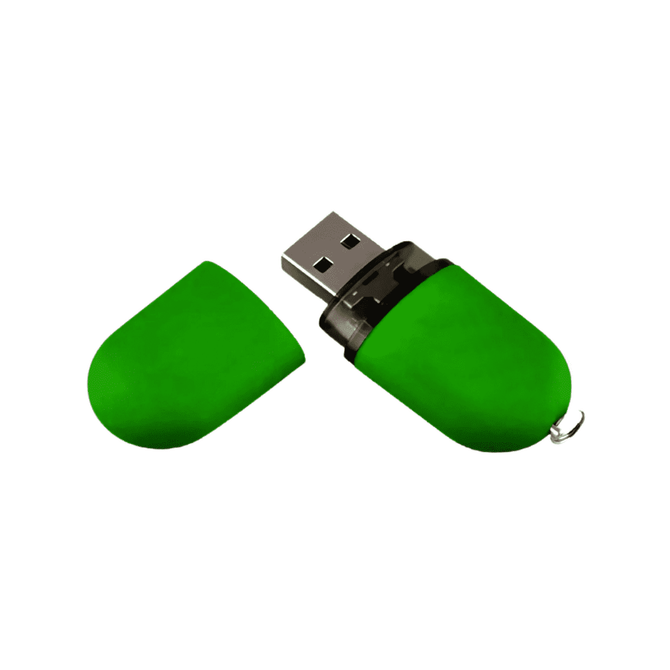 A green USB flash drive with a removable cap and a silver connector. It features a logo on the body.