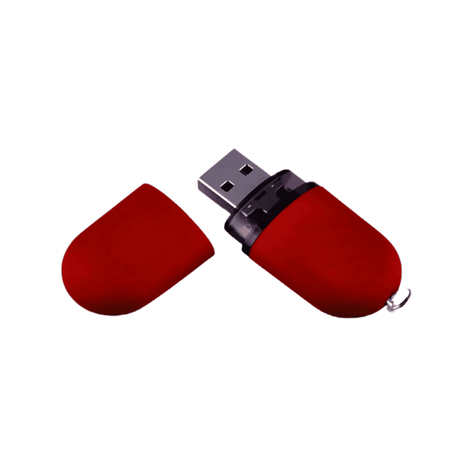 A red USB flash drive with a removable cap and a silver connector, featuring a logo on the body.