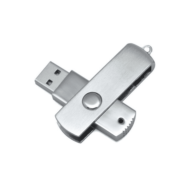 A silver metal swivel USB flash drive with a rotating mechanism and a small attachment loop.