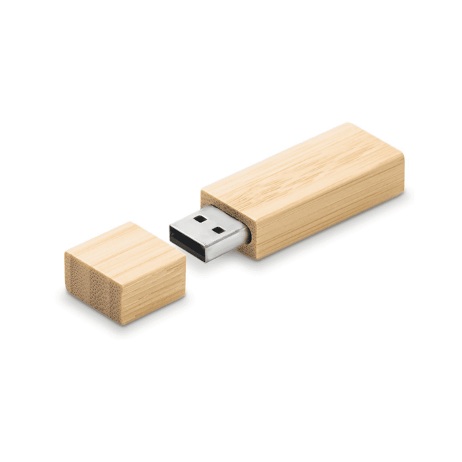 A bamboo USB flash drive with a removable cap, featuring a natural wood finish and a silver USB connector.