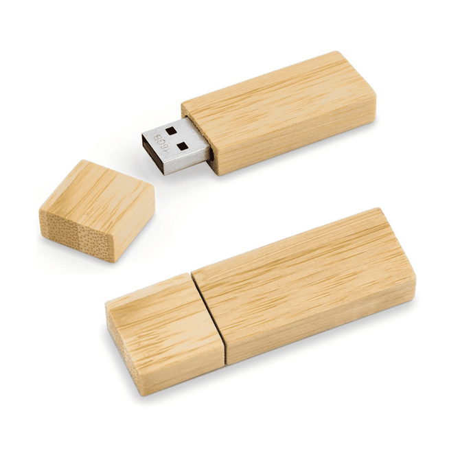 A bamboo USB flash drive in natural wood tone, featuring a removable cap and simple design.