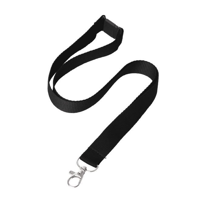 A black ribbed lanyard measuring 20mm, featuring a clip and a buckle. Suitable for events and exhibitions.