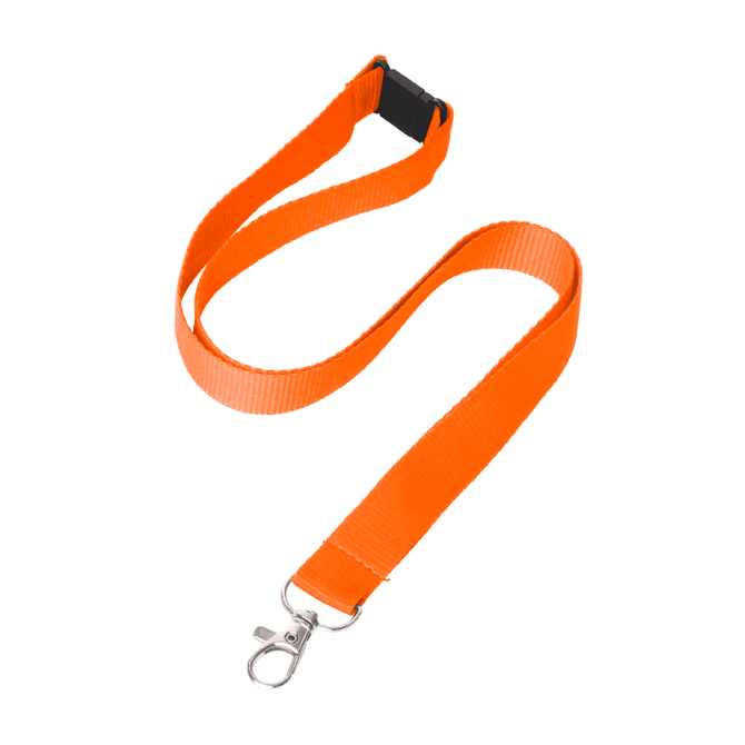 An orange flat ribbed lanyard, 20mm wide, featuring a metal clip and a sturdy plastic buckle.