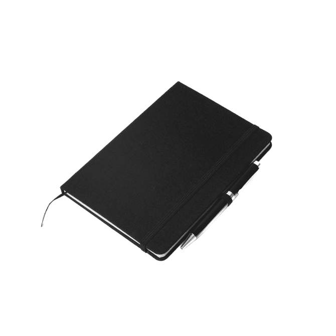 A black fabric-covered A5 notebook with an attached pen, featuring an elastic band closure.