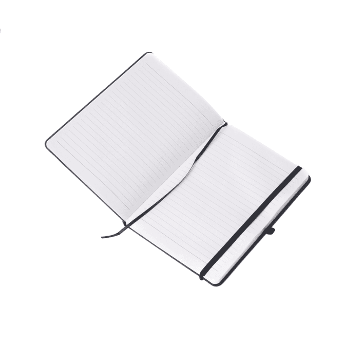 Fabric-covered A5 notebook with lined pages and a black elastic closure. The interior pages are blank and unmarked.