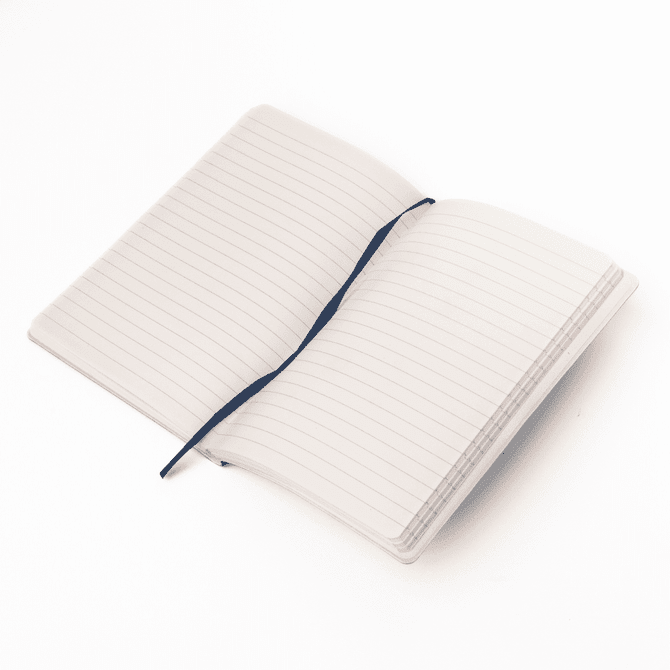 A soft smooth PU-covered notebook in light colour, featuring lined pages and a ribbon bookmark.