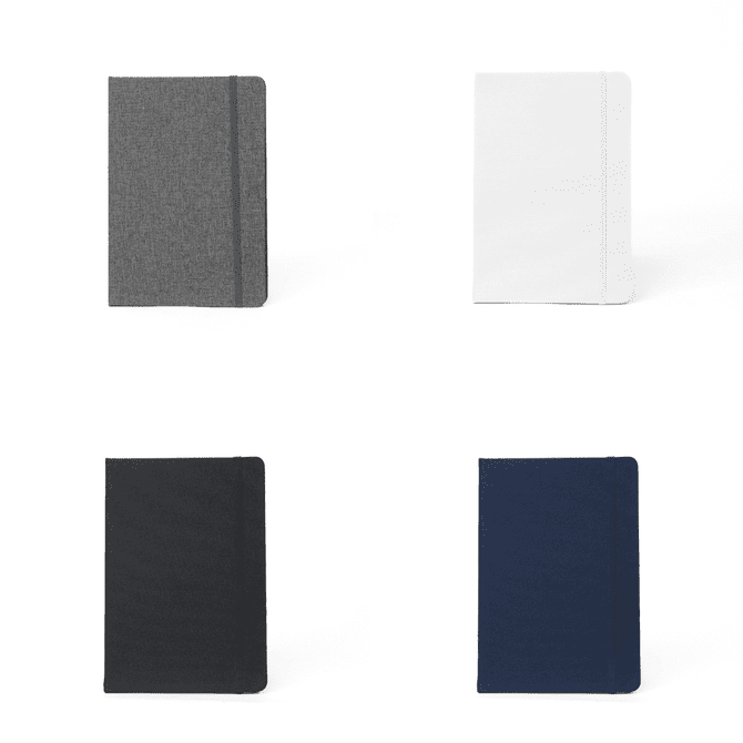 A collection of four RPET notebooks in grey, white, black, and navy, featuring a logo on the front cover.