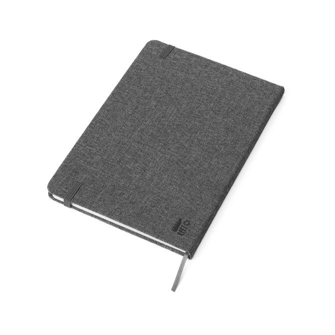 A grey RPET notebook with a textured cover and elastic closure, featuring a logo on the front.