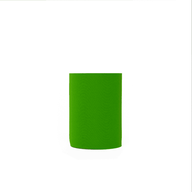A bright green neoprene stubby cooler with a smooth surface and a fitted design. It features a logo.