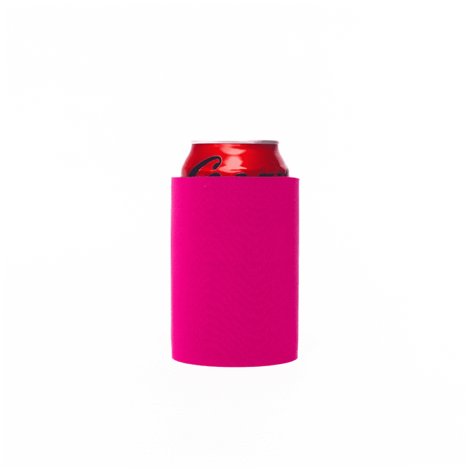 A bright pink stubby cooler holding a can, designed for drinkware. Features a simple, smooth surface.