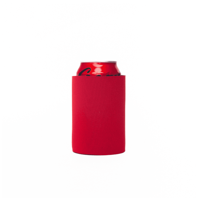 A red stubby cooler designed to fit around a standard drink can, with a smooth exterior and no base.