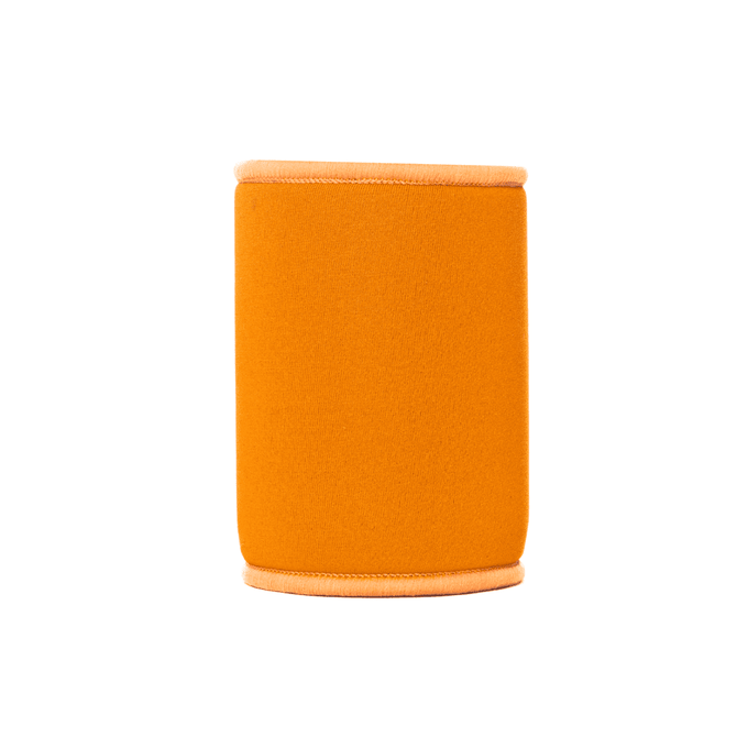 An orange neoprene stubby cooler with a contrasting trim, featuring a logo. Ideal for holding drink bottles.