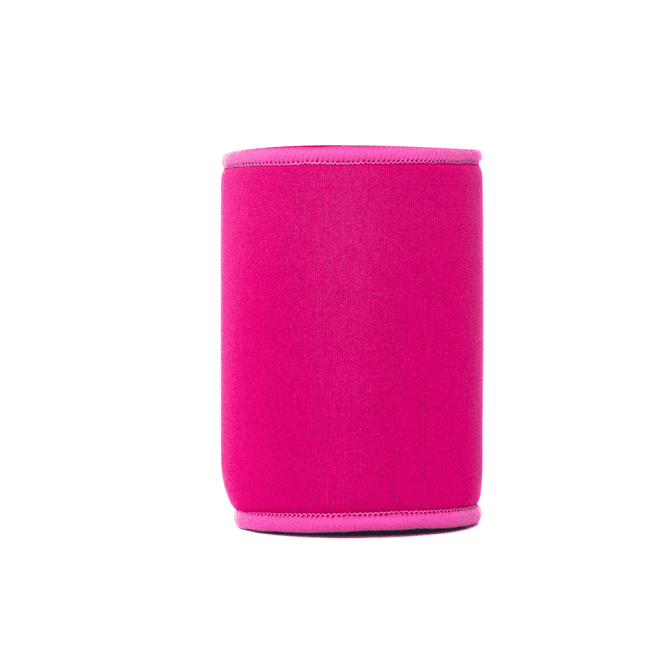 A pink neoprene stubby cooler with a contrasting trim and a logo on one side. Ideal for drinkware.