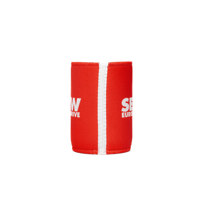 A red stubby holder with a white seam and a logo. Ideal for keeping drinks cool.