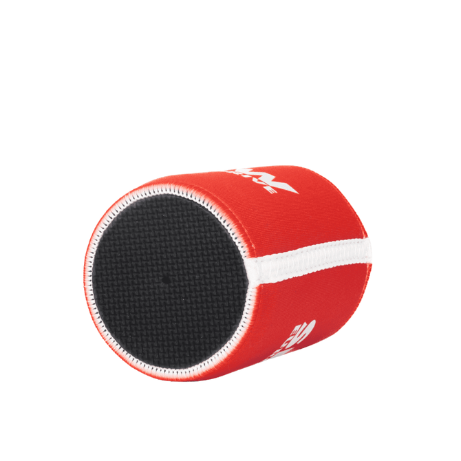 A red stubby holder with a black base and a white accent, featuring a logo.