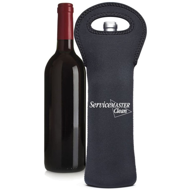 A drink bottle holder in black neoprene with a logo, alongside a dark wine bottle.
